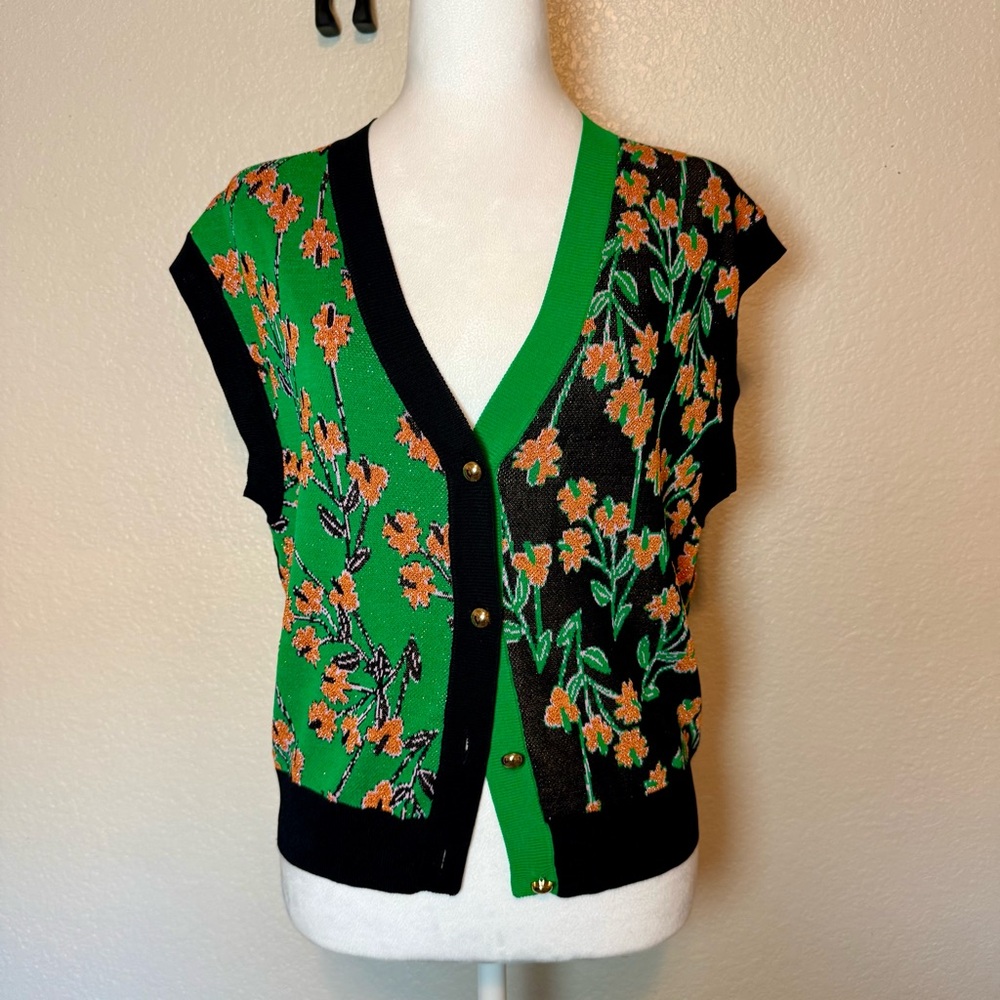Urban Revivo Color Block Floral Sweater Vest Green Black Sparkly Size 4 - Picture 2 of 13